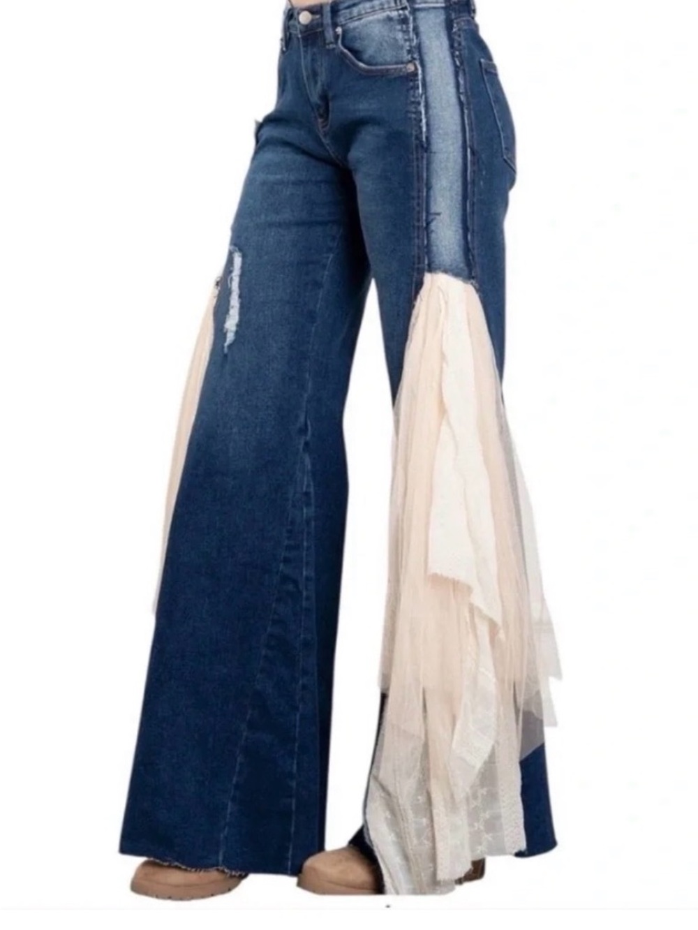 Wide-Leg Dark Blue Jeans with Cream Tulle Inserts